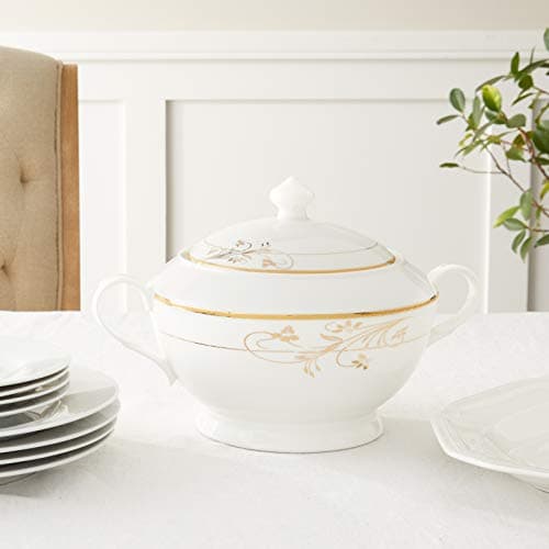 Bone China Soup Tureen with Lid, Rosalia Pattern by Lorren Home Trends - Gold - for Lorenzo Import's La Luna Collection