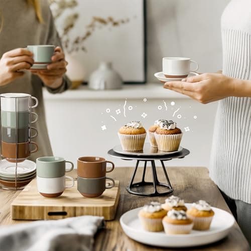 Colorful Set of 4 Porcelain Espresso Cups with Saucers and Stand for Coffee Lovers