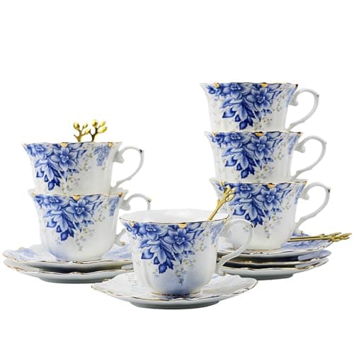 TATSUMI Country Roses 18-Piece Bone China Tea Cup & Saucer Set — Rose Blue