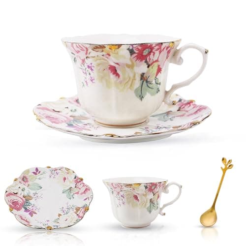 TATSUMI Country Roses 18-Piece Bone China Tea Cup & Saucer Set — Pink