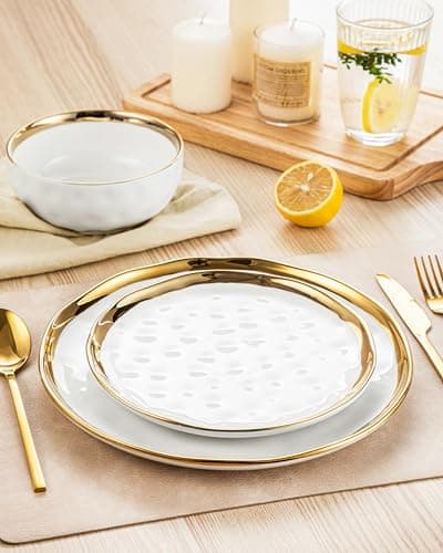 LOVECASA White and Gold Porcelain Dinnerware Set, 12-Piece Plate and Bowl Kit, Dishwasher Safe