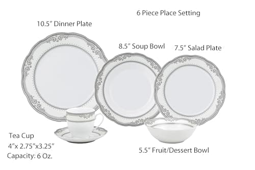 Lorren Home Trends 24-Piece Victoria Porcelain Dinnerware Set, White