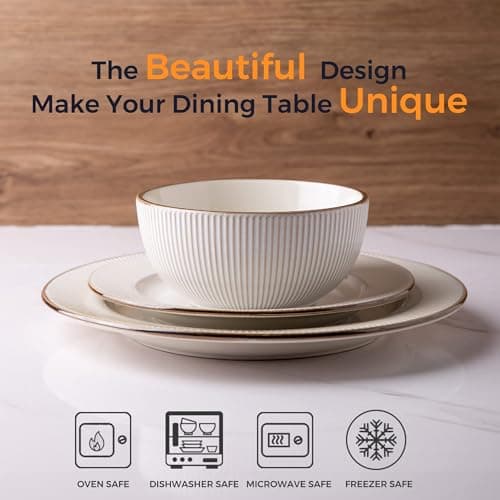 GBHOME 24-Piece Ceramic Dinnerware Set | Elegant Embossed Plates & Bowls | Dishwasher & Microwave Safe | Wedding & House