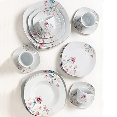Lorren Home Trends 20 Piece White Square Dinnerware Set with Small Floral Design, Serve 4