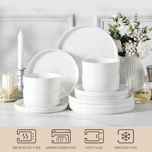 MALACASA LEAH 12-Piece Modern White Porcelain Dinnerware Set, Chip and Scratch Resistant