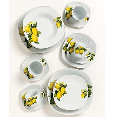 Lorren Home Trends Porcelain 20-Piece Square Dinnerware Set for 4 - Lemon Design, Yellow