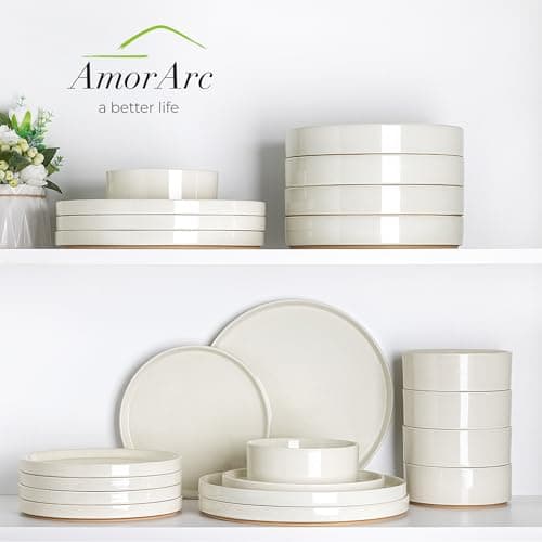 AmorArc Speckled Stoneware Pasta Bowls Set of 4, 32oz Beige