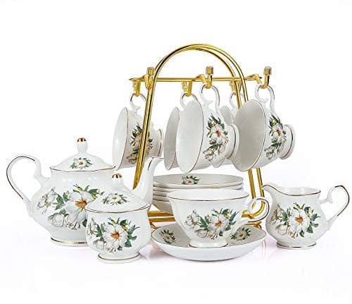 Chenp.HMC 22-Piece Porcelain Coffee Tea Set with Teapot, Cups & Saucers (WHITE3) — White Green