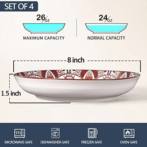 Artena Bohemia Porcelain Pasta Bowls Set of 4, 26oz, 8 Inch, Brown