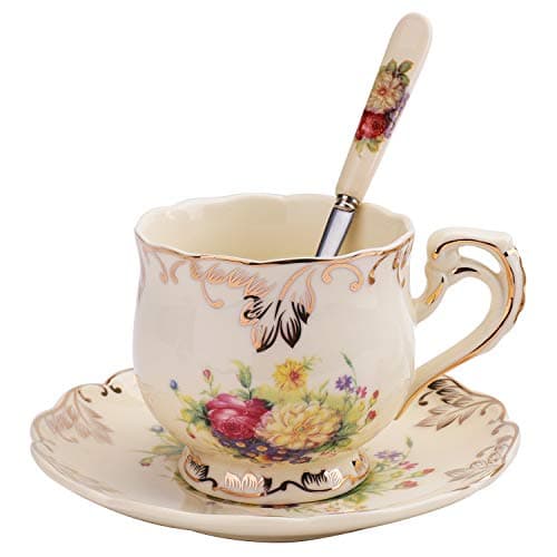 Foraineam 8 oz. Floral Ivory Ceramic Tea Cup & Saucer Set