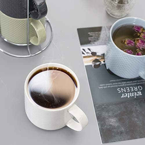 Hasense Stackable Porcelain Coffee Mugs Set of 4 with Metal Stand, 15 Ounce