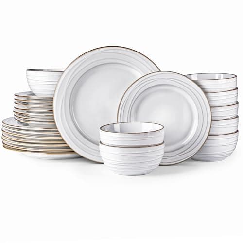 GBHOME Elegant Stoneware Dinnerware Set, 12-Piece Embossed Plates & Bowls | Safe for Dishwasher & Microwave | Ideal Hous — Pearl White-Wave