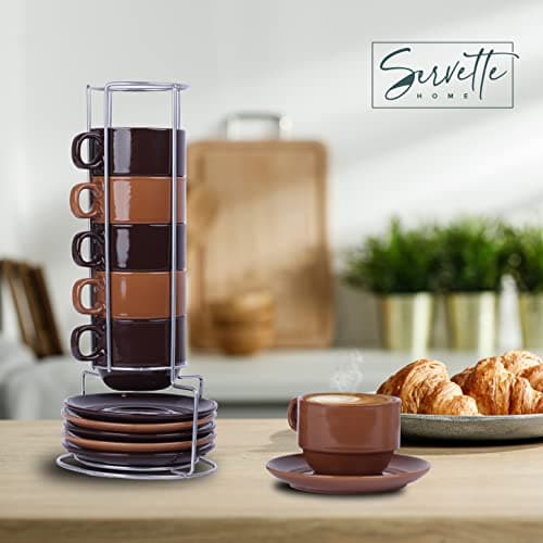 Stackable 5oz Espresso Cups, Saucers & Stand - Set of 6