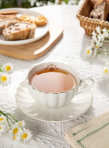 Amazingware Royal Porcelain Tea Cups & Saucers, Gold Trim, Gift Box, Set of 6 (8 oz) - White