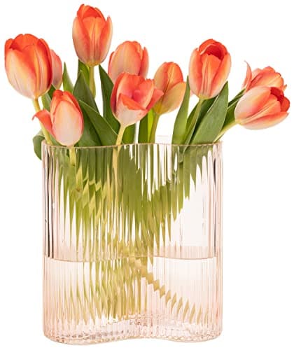 Pink Modern Footprint Striped Glass Vase for Home, Office, and Restaurant Centerpieces (8.3 Inch)