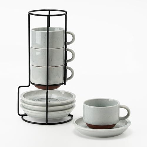 Stackable Espresso Cups Set with Saucers and Stand, 4 oz, Set of 4 — Light Gray
