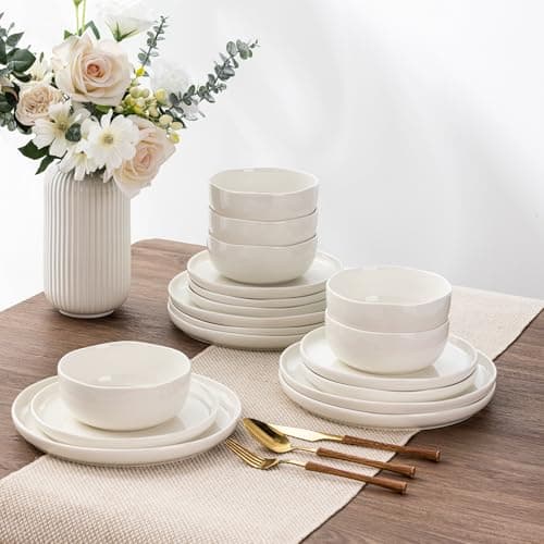 LERATIO Oven & Dishwasher Safe Ceramic Dinnerware Set for 6, Blue(18PCS) — Dreamy Moonlight-Wave Pearl White