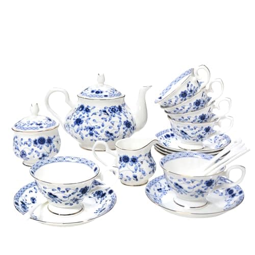 Vintage Bone China Tea Set, 21-Piece Porcelain Set for Adults (Blue)