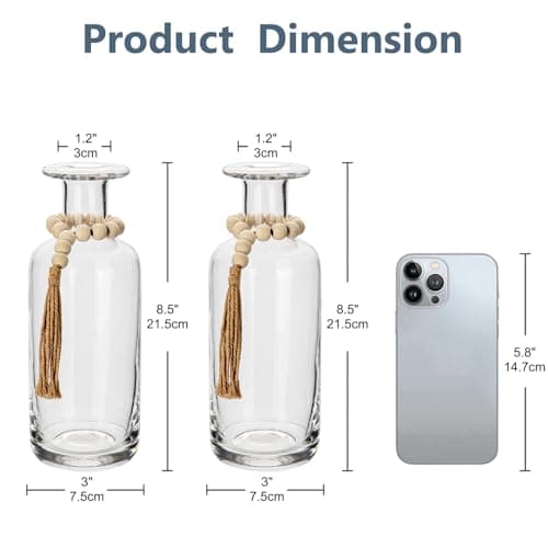Clear Glass Vase Set - 2PCS Farmhouse Vases with Wood Beads