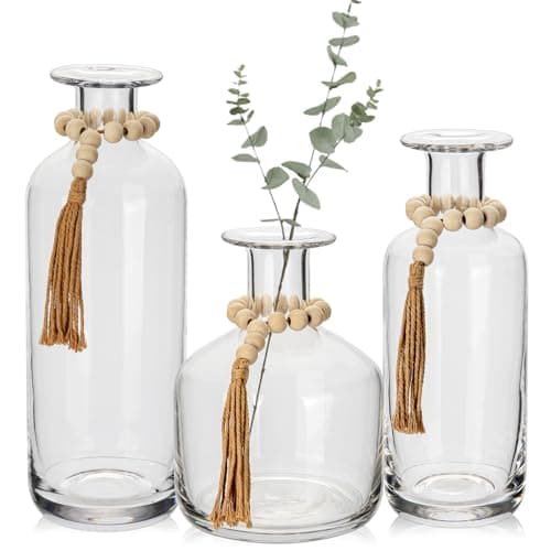 Clear Glass Vase Set - 2PCS Farmhouse Vases with Wood Beads — 10"/8.5"/6.5"