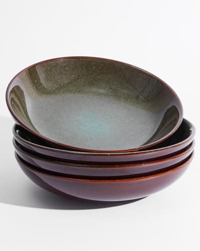 Light Blue 32 Oz Ceramic Pasta Bowl Set, Microwave & Dishwasher Safe — Brown and Green
