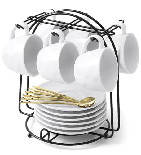Yedio Porcelain 4 oz Espresso Cups & Saucers, White Stackable Set of 4 with Metal Stand — Black Stand