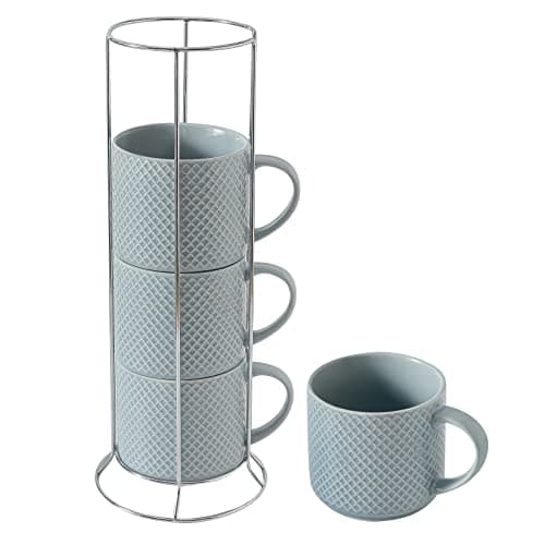 Hasense Stackable Porcelain Coffee Mugs Set of 4 with Metal Stand, 15 Ounce — Blue