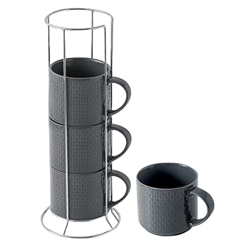 Hasense Stackable Porcelain Coffee Mugs Set of 4 with Metal Stand, 15 Ounce — Gray