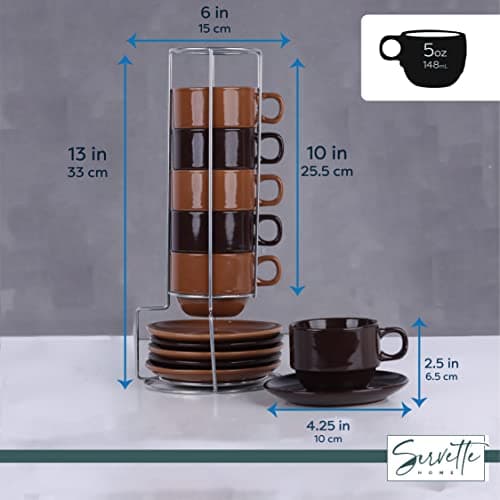 Stackable 5oz Espresso Cups, Saucers & Stand - Set of 6