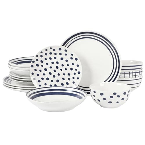 Gibson Home Oslo Porcelain Chip & Scratch Resistant Dinnerware Set, White (16pcs, Service for 4) — White & Blue (Decorated)