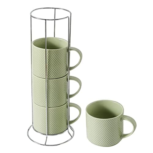 Hasense Stackable Porcelain Coffee Mugs Set of 4 with Metal Stand, 15 Ounce — Pure Green