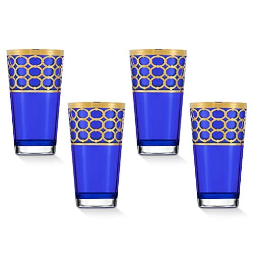 Lorren Home Trends Cobalt Blue High Ball Glasses with Gold Rings, Set of 4