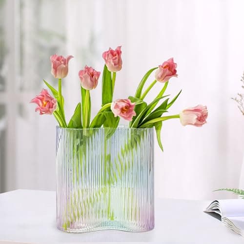 Aoderun Footprint Shape Ribbed Glass Vase for Flowers, Modern Large Vase for Living Room Dining&Coffee Table Kitchen Office Home Shelf Wedding Party Decor (Iridescent Clear)