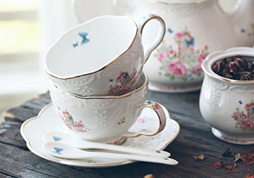 Jusalpha Vintage Porcelain Flower Tea Set & Teapot Warmer, 16pcs (16pcs set)