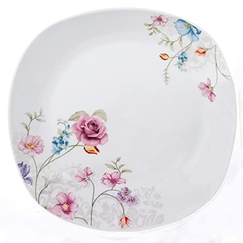 Lorren Home Trends 20 Piece White Square Dinnerware Set with Small Floral Design, Serve 4