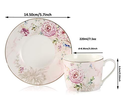 Vintage Peony Flower Design Porcelain Tea Cups and Saucers, Set of 2 - 7 Ounce (220ml) - 4 Pieces
