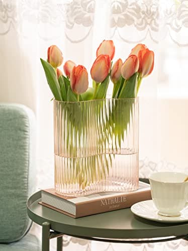 Pink Modern Footprint Striped Glass Vase for Home, Office, and Restaurant Centerpieces (8.3 Inch)