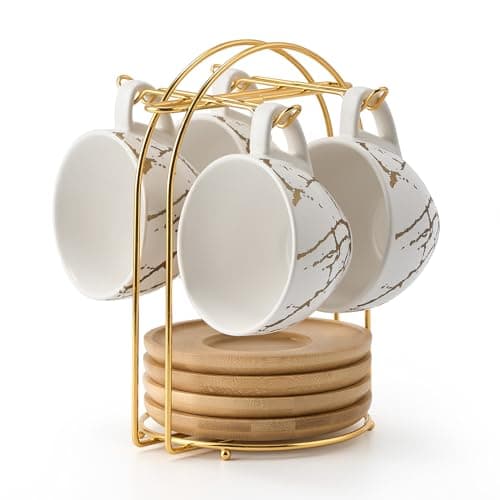 Luka Ceramic Espresso Cups Set of 6, 4 oz Marbling Black Saucers Included — 4-White