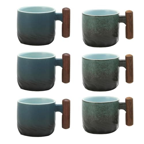 Set of 2 Ceramic Espresso Cups with Wooden Handle-Small Tea Cups — blue/green