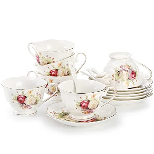 Foraineam 6-Piece Floral Tea Cup Set with Gold Trim