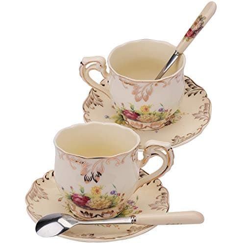 Foraineam 8 oz. Floral Ivory Ceramic Tea Cup & Saucer Set