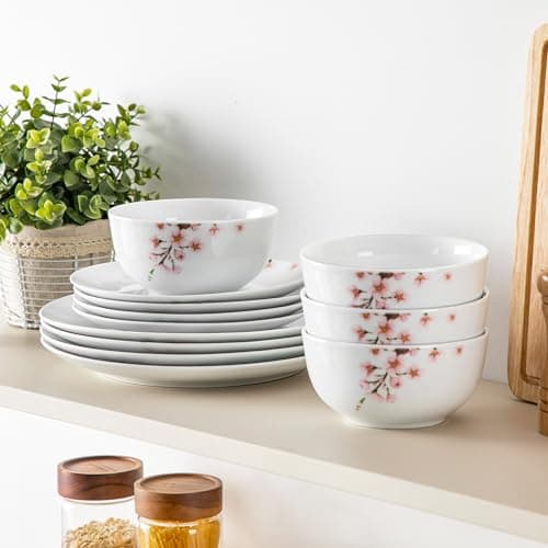 VEWEET Pink Floral Porcelain Dinnerware Set for 4, 12 Pieces Annabelle Series