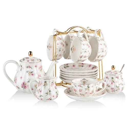 Sweejar British Royal Porcelain Tea Set, 8oz Cups & Saucer for 6 Guests, Teapot Included — Spring Flowers