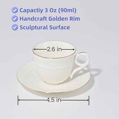 Handcrafted 3-Ounce Porcelain Espresso Cups & Saucers, Golden Trim, Set of 6