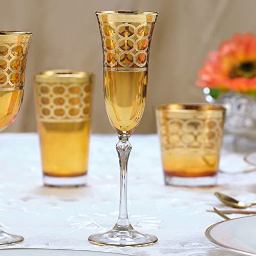 Lorren Home Trends Amber Champagne Flutes with Gold Rings, Set of 4