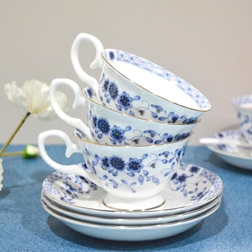 Vintage Bone China Tea Set, 21-Piece Porcelain Set for Adults (Blue)