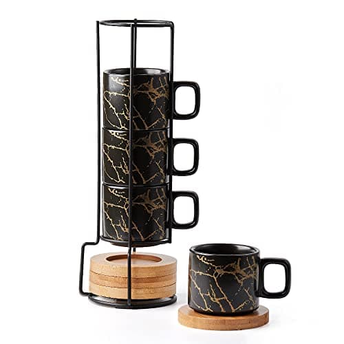 Luka Porcelain Espresso Cup Set of 4, White & Black, 4 Ounce — Black Marbling