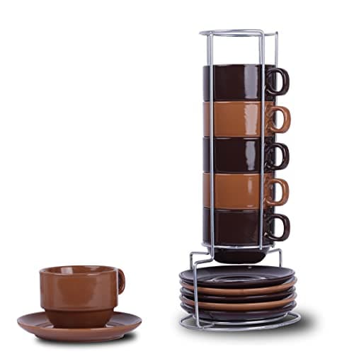 Stackable 5oz Espresso Cups, Saucers & Stand - Set of 6