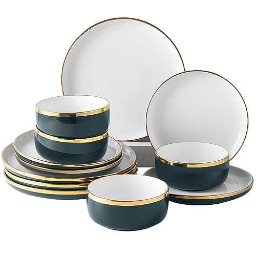 Luxury Gold Rim Porcelain Plate & Bowl Sets, 12-Piece Dinnerware for 4, No Microwave Safe — Green