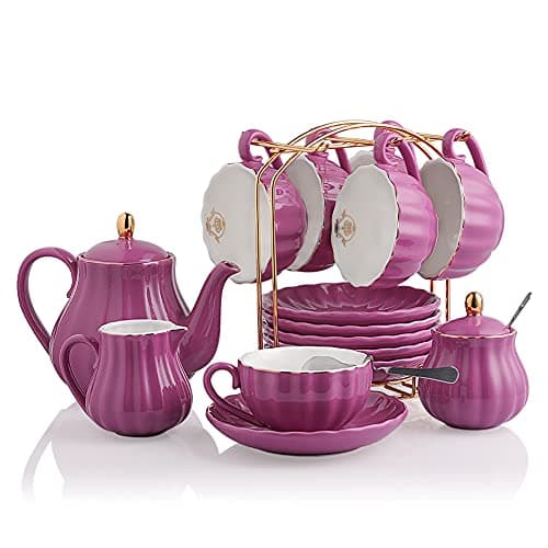 Sweejar British Royal Porcelain Tea Set, 8oz Cups & Saucer for 6 Guests, Teapot Included — Blue Violet